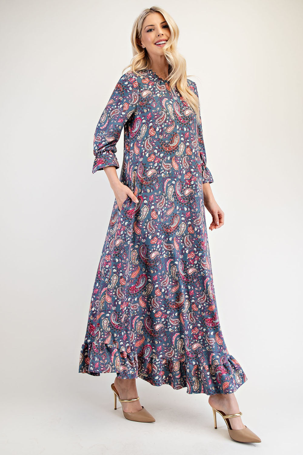 Blue Zone Planet | Celeste Full Size Ruffle Hem Paisley Round Neck Dress-TOPS / DRESSES-[Adult]-[Female]-2022 Online Blue Zone Planet