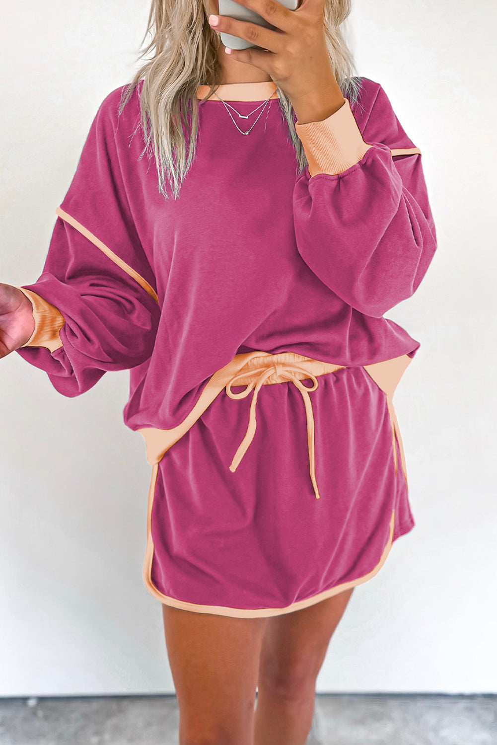 Blue Zone Planet |  Rose Red Color Contrast Loose Pullover and Lace-up Waist Skort Set