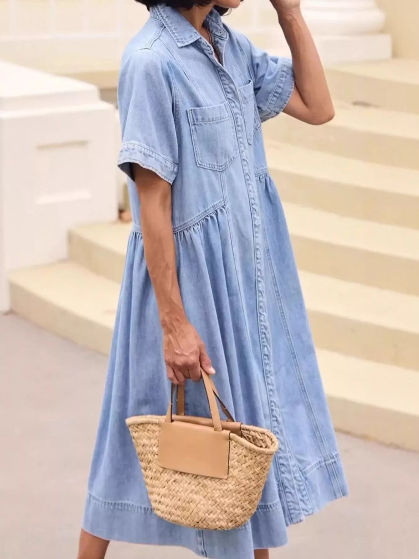 Full Size Button Front Denim Midi Dress Plus Size Blue / 2XL