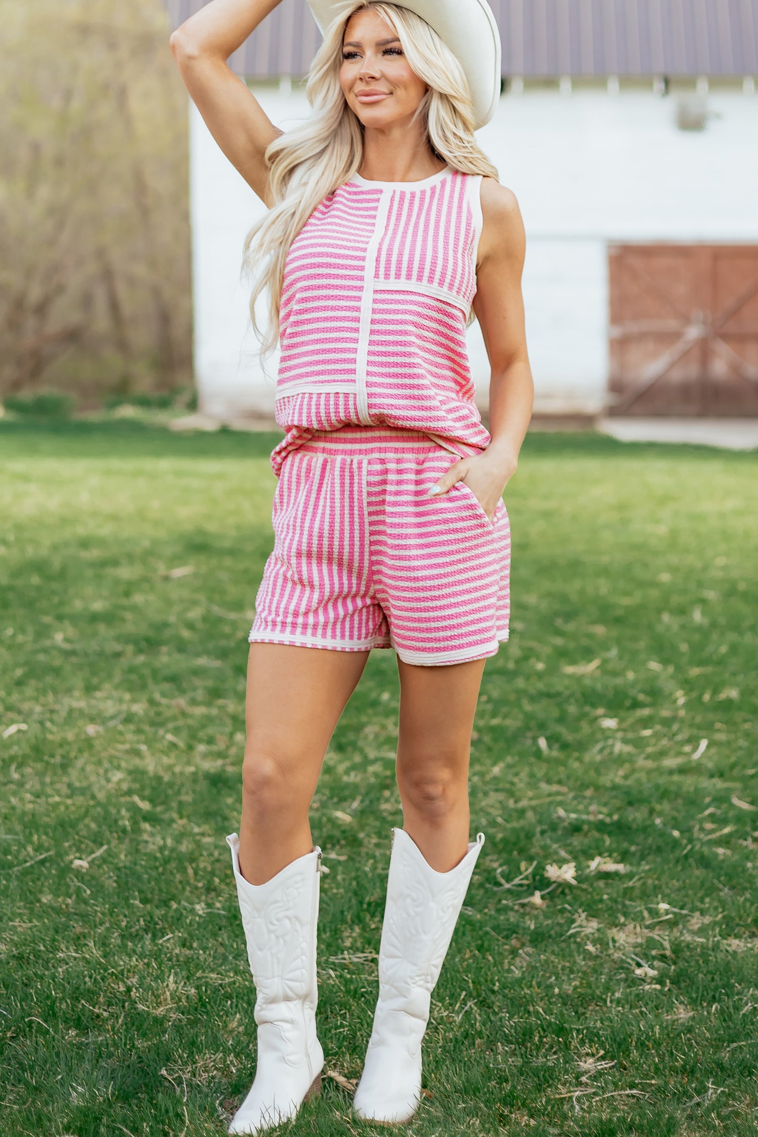 Pink Stripe Textured Contrast Trim Casual Tank and Shorts Set-Two Piece Sets/Short Sets-[Adult]-[Female]-2022 Online Blue Zone Planet