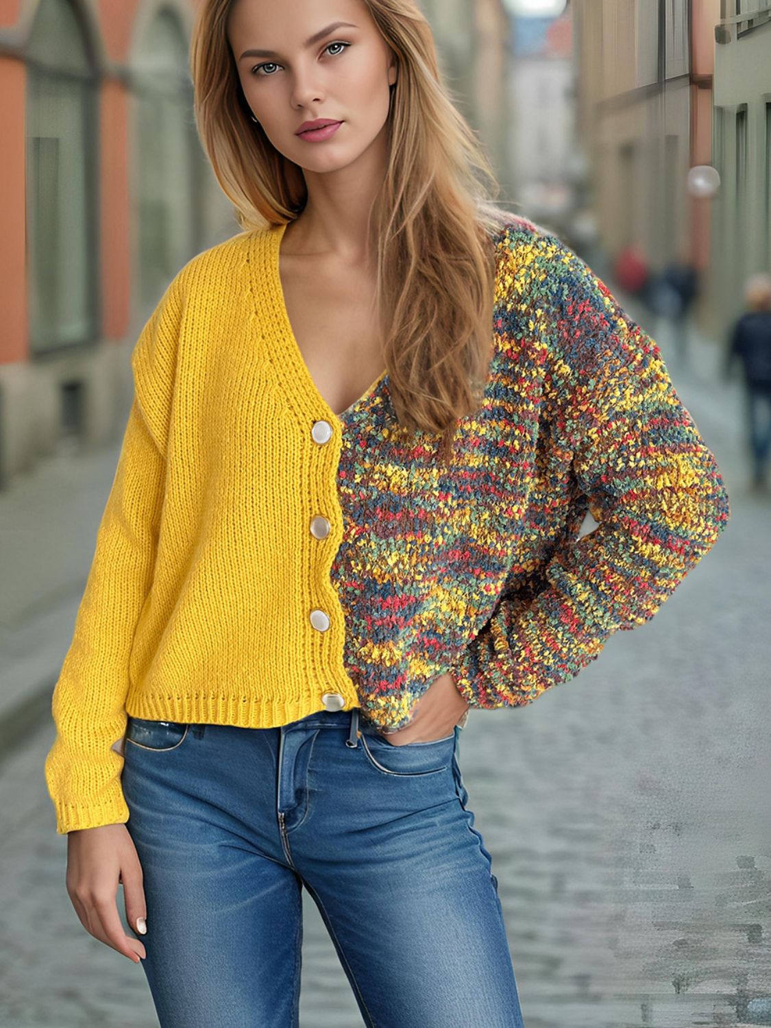 Contrast Button Up V-Neck Cropped Cardigan-NEW ARRIVALS-[Adult]-[Female]-Yellow-One Size-2022 Online Blue Zone Planet