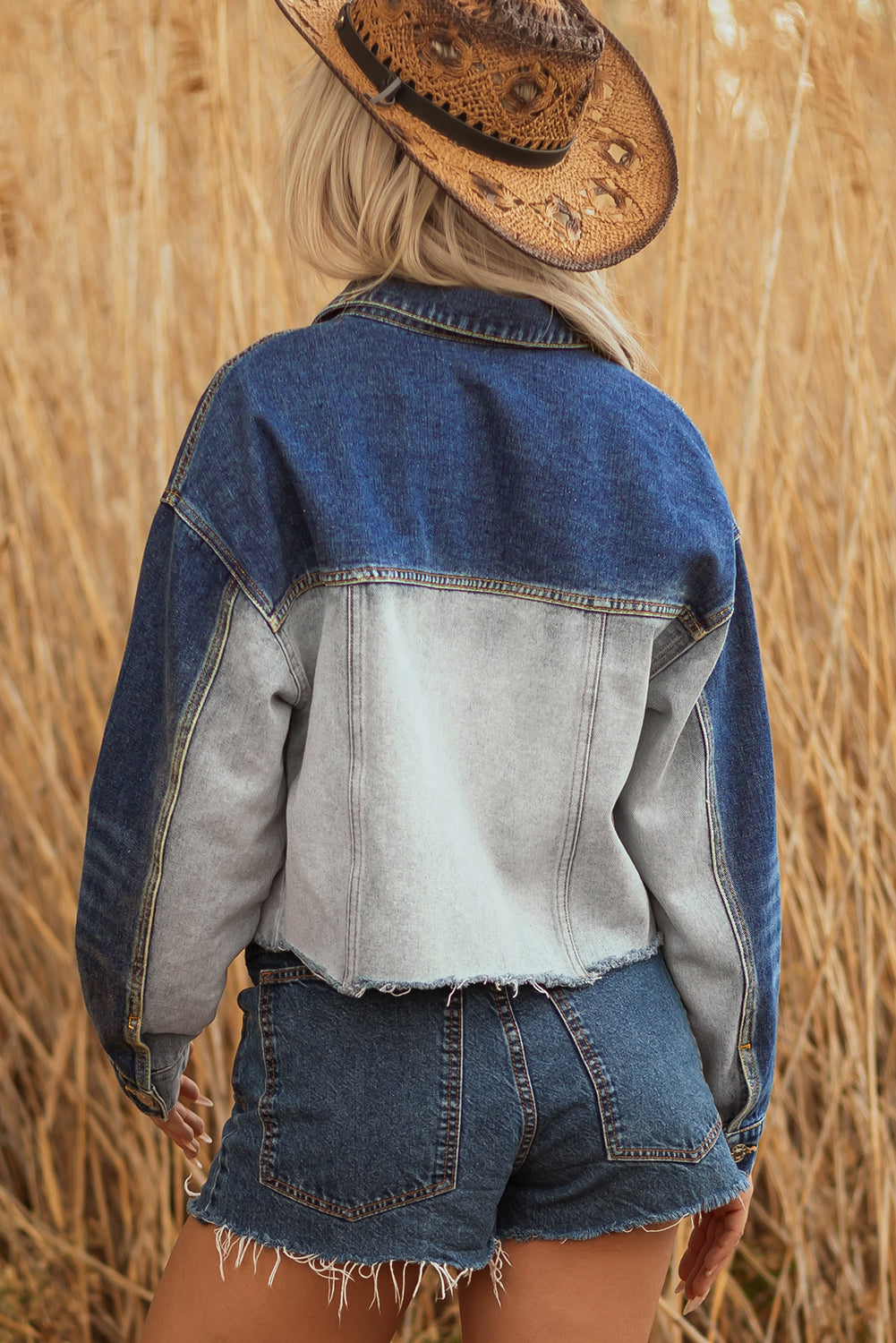 Dusk Blue Color Block Patchwork Flap Detail Distress Denim Jacket-Outerwear/Denim jackets-[Adult]-[Female]-2022 Online Blue Zone Planet
