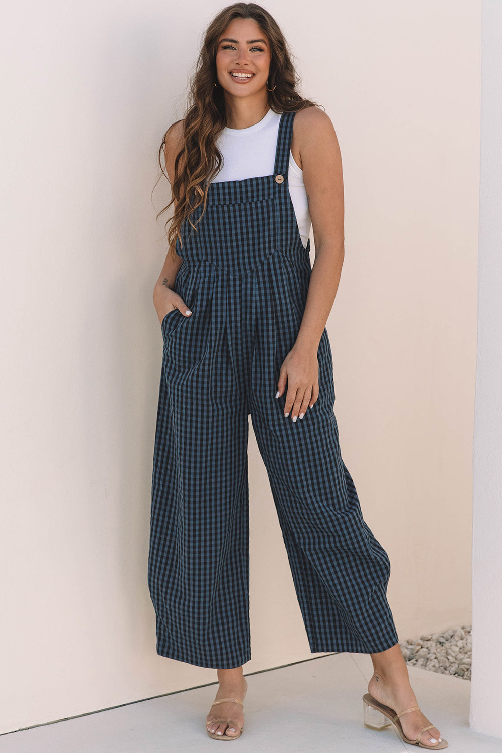 Blue Zone Planet | Sail Blue Plaid Print Buttoned Pocketed High Waist Overall-Bottoms/Jumpsuits & Rompers-[Adult]-[Female]-2022 Online Blue Zone Planet