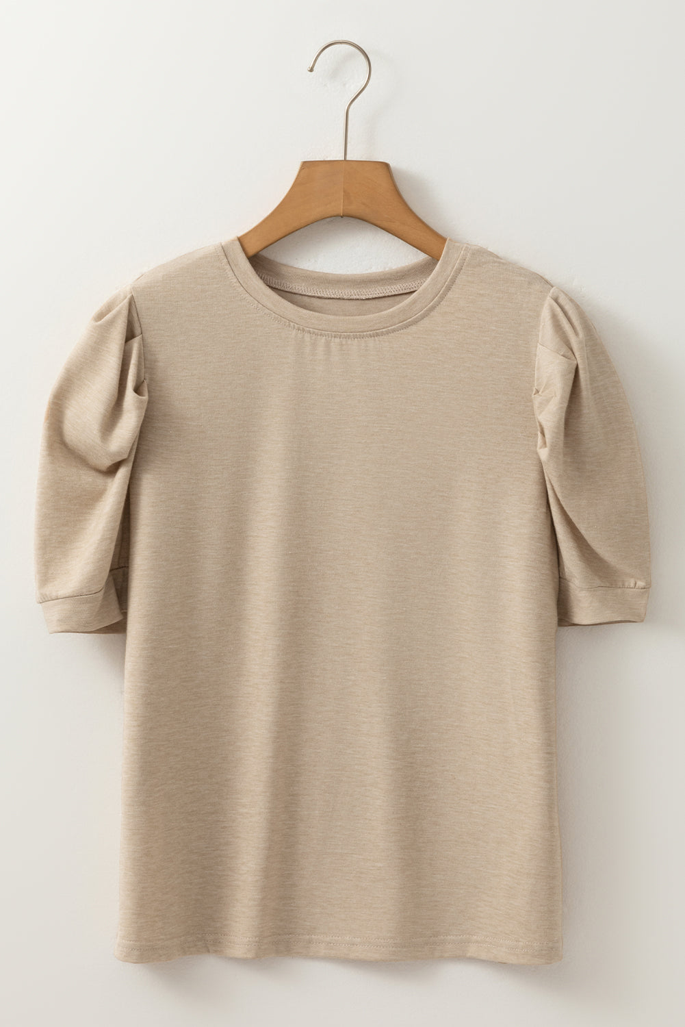 Parchment Solid Color Ruched Puff Sleeve T Shirt-Tops/Tops & Tees-[Adult]-[Female]-2022 Online Blue Zone Planet