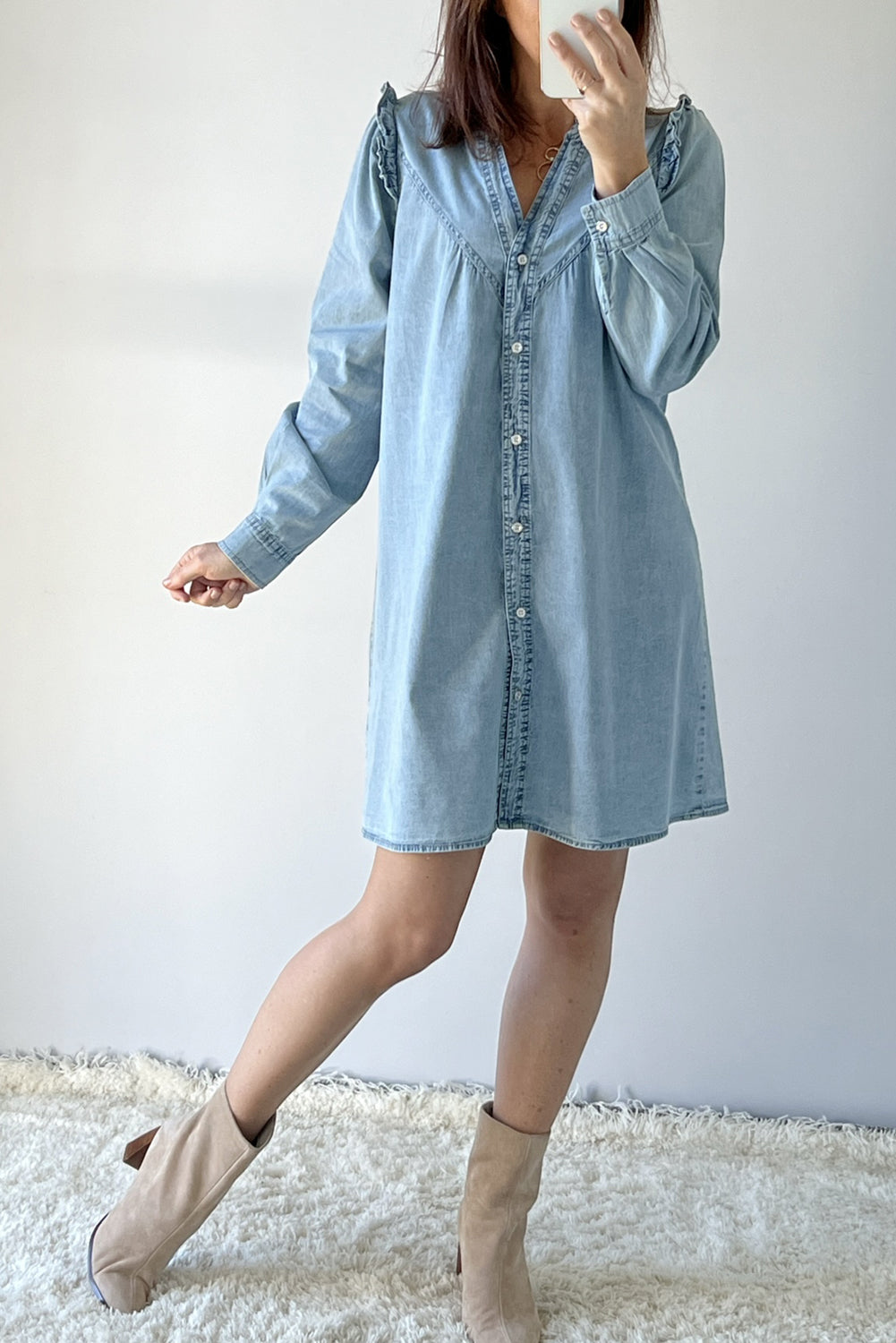 Blue Zone Planet | Myosotis Ruffled V Neck Buttoned Shift Denim Dress-TOPS / DRESSES-[Adult]-[Female]-2022 Online Blue Zone Planet