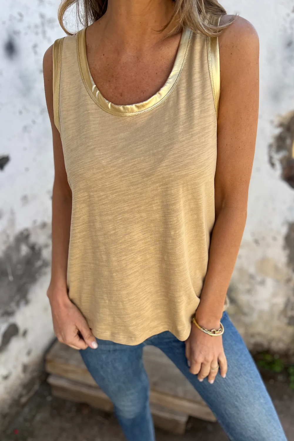 Tan Metallic Sheen Edge Scoop Neck Tank Top-Tops/Tank Tops-[Adult]-[Female]-2022 Online Blue Zone Planet