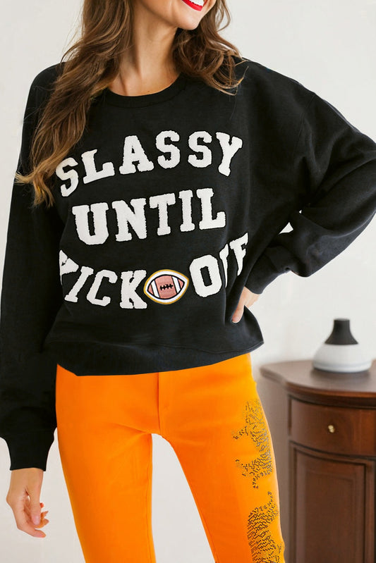 Black CLASSY UNTIL KICKOFF Plush Letter Patched Loose Sweatshirt-Tops/Sweatshirts & Hoodies-[Adult]-[Female]-Black-S-2022 Online Blue Zone Planet
