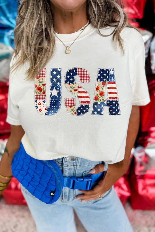 White Usa Faux Patchwork Graphic Tee-Graphic/Graphic Tees-[Adult]-[Female]-White-S-2022 Online Blue Zone Planet