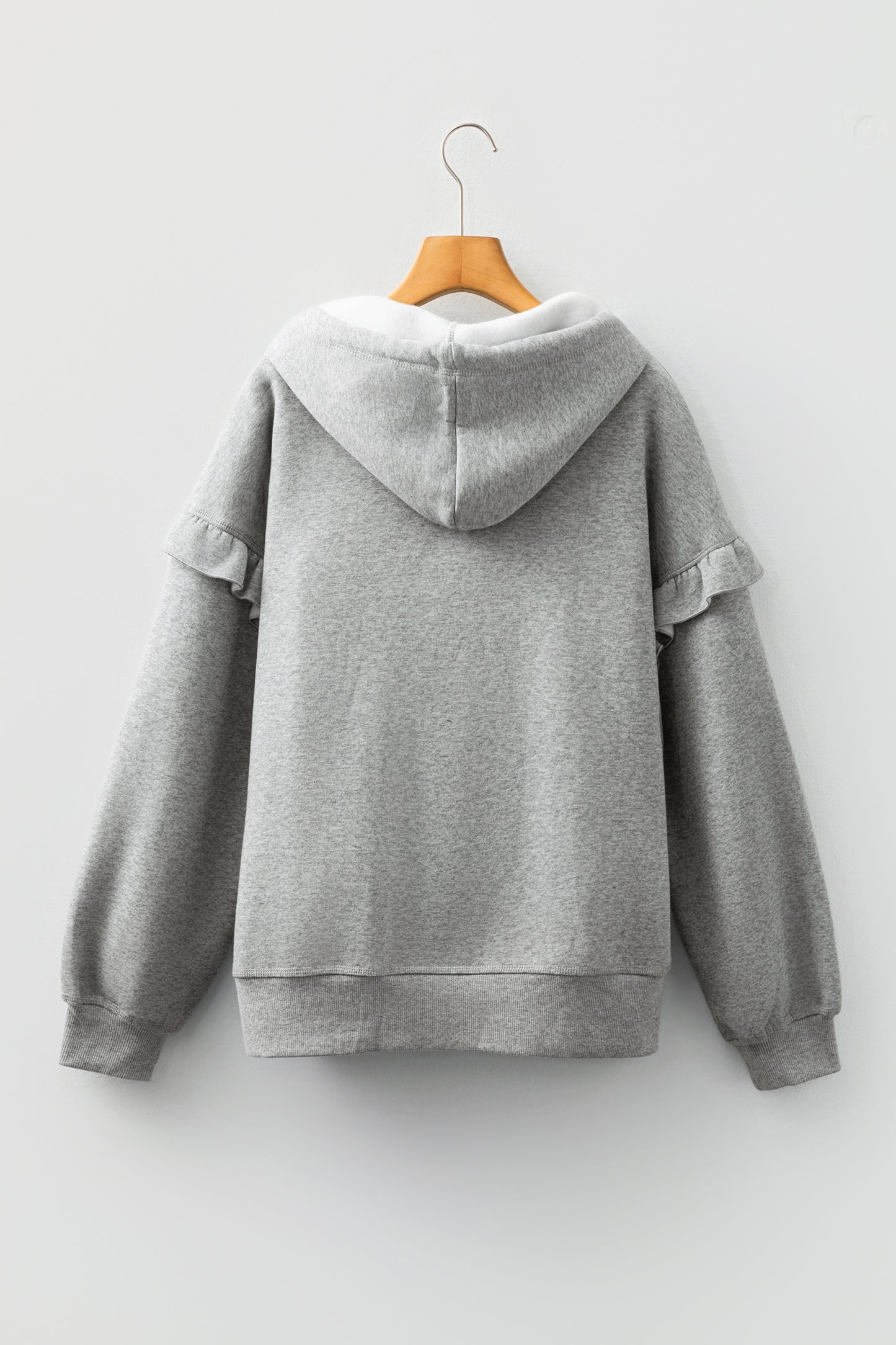 Gray Contrast Rope Drawstring Ruffle Trim Drop Shoulder Baggy Hoodie-Tops / Dresses-[Adult]-[Female]-2022 Online Blue Zone Planet