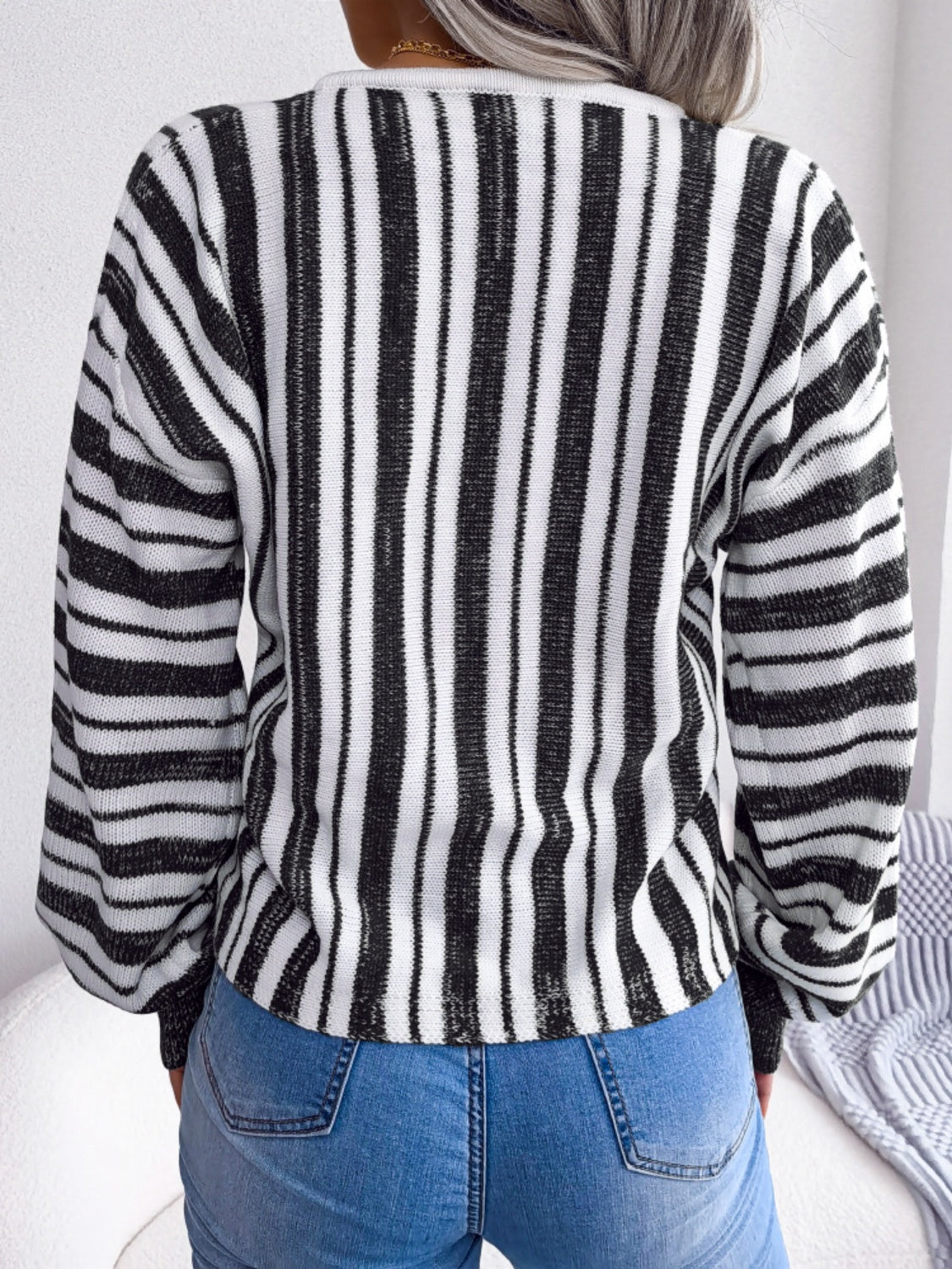 Striped Lace-Up Long Sleeve Sweater-TOPS / DRESSES-[Adult]-[Female]-2022 Online Blue Zone Planet