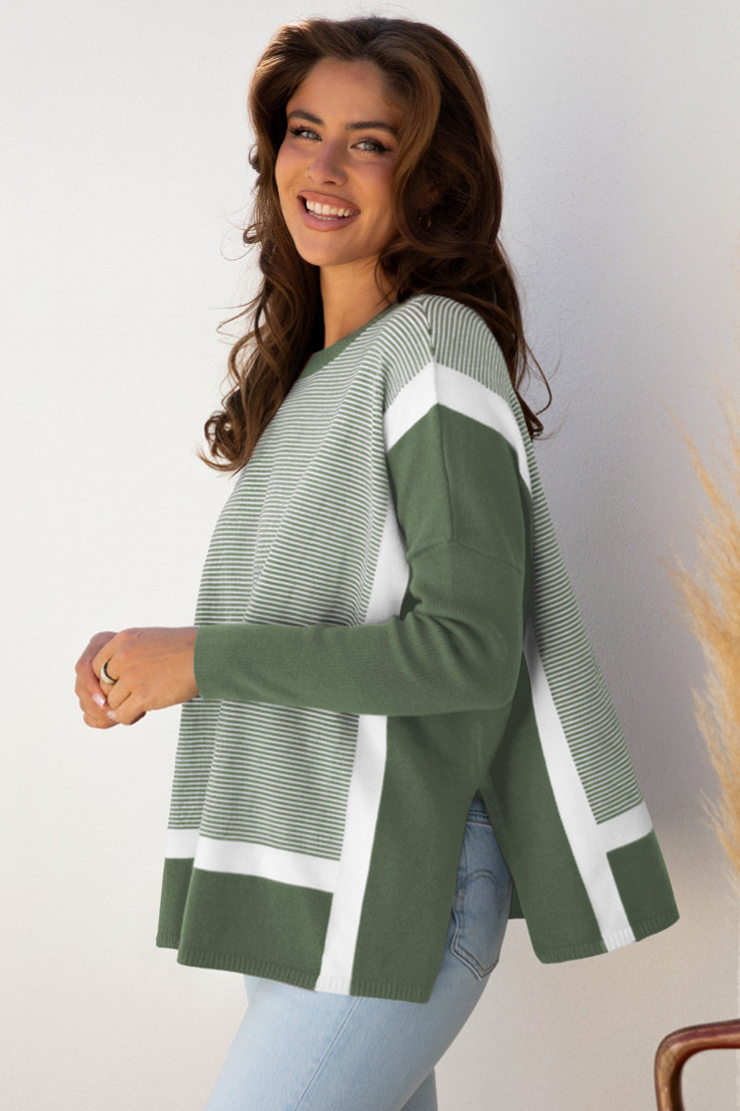 Green Stripe Color Block Patchwork Dolman Oversize Tunic Sweater-Sweaters & Cardigans/Sweaters-[Adult]-[Female]-2022 Online Blue Zone Planet