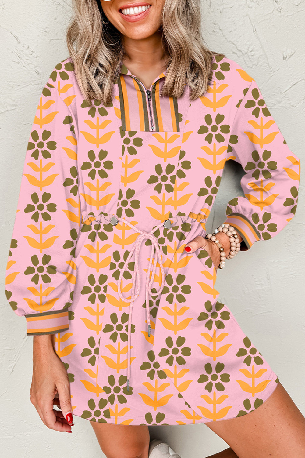 Pink Floral Print Zip Neck Striped Patchwork Long Sleeve Drawstring Dress-Dresses/Floral Dresses-[Adult]-[Female]-2022 Online Blue Zone Planet