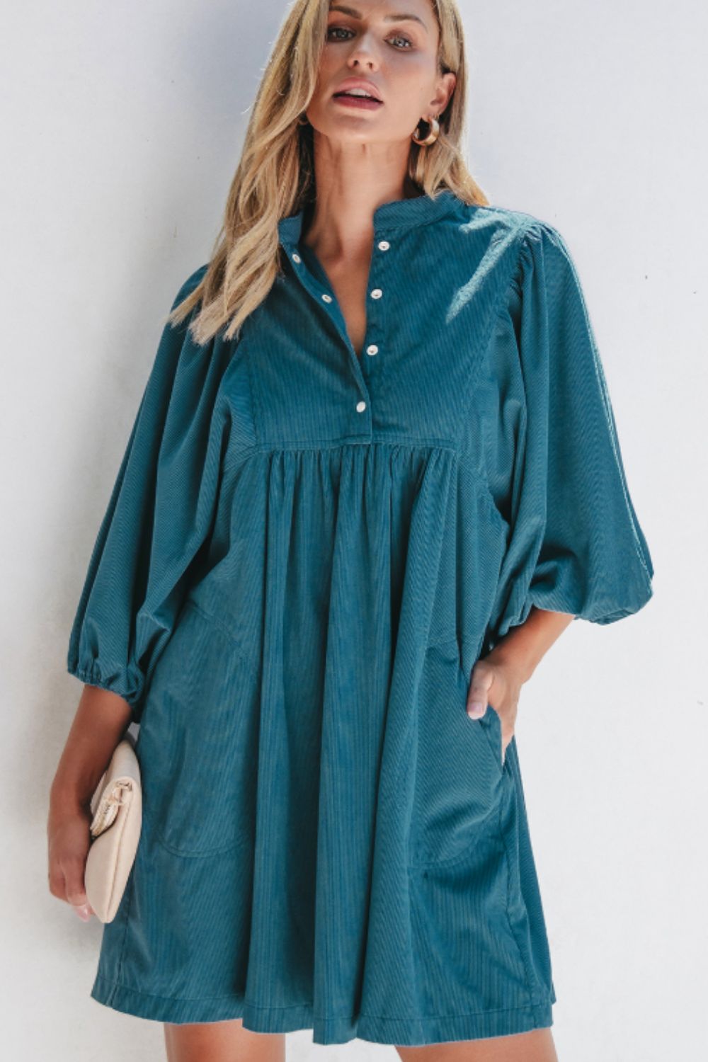 Corduroy Quarter Snap Three-Quarter Sleeve Dress-TOPS / DRESSES-[Adult]-[Female]-2022 Online Blue Zone Planet