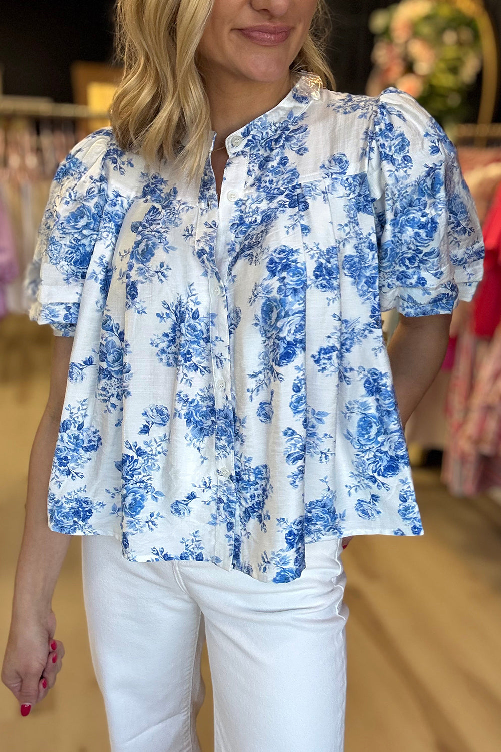 Sky Blue Floral Tiered Puff Short Sleeve Pleated Bust Buttoned Casual Shirt-Tops/Blouses & Shirts-[Adult]-[Female]-2022 Online Blue Zone Planet