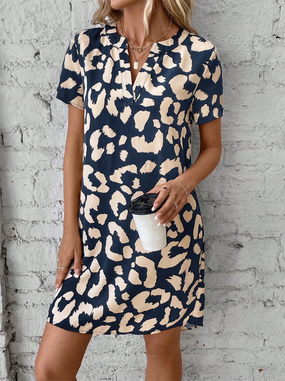 Printed Notched Short Sleeve Mini Dress-TOPS / DRESSES-[Adult]-[Female]-2022 Online Blue Zone Planet