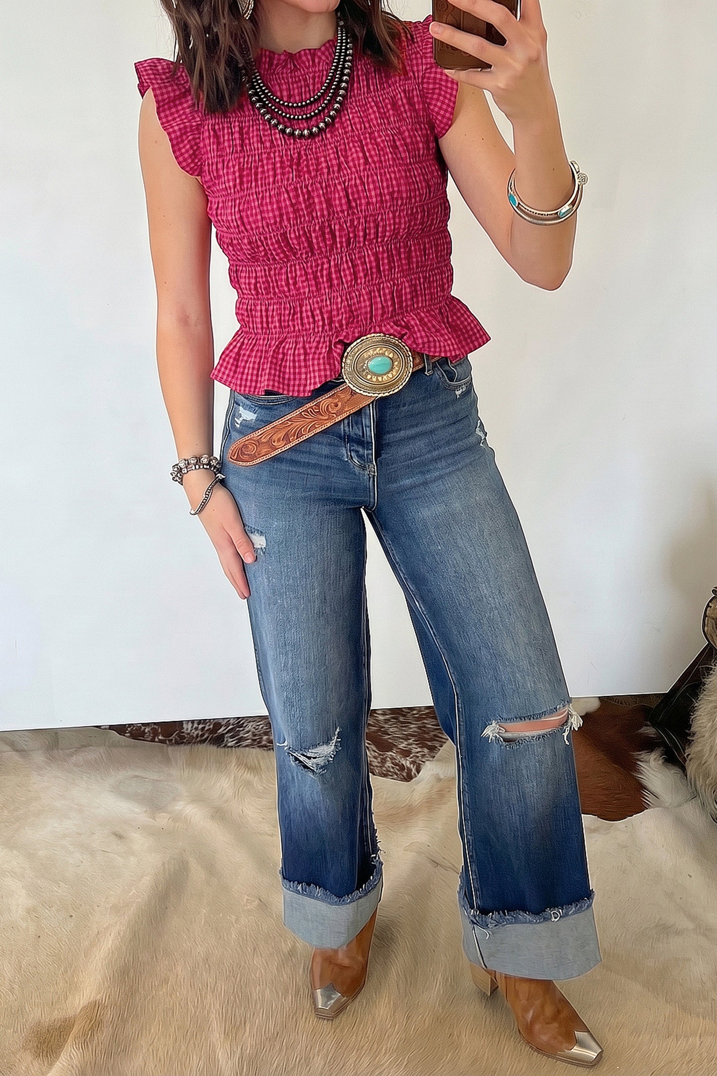 Red Plaid Shirred Ruffle Trim Tank Top-Tops/Tank Tops-[Adult]-[Female]-2022 Online Blue Zone Planet