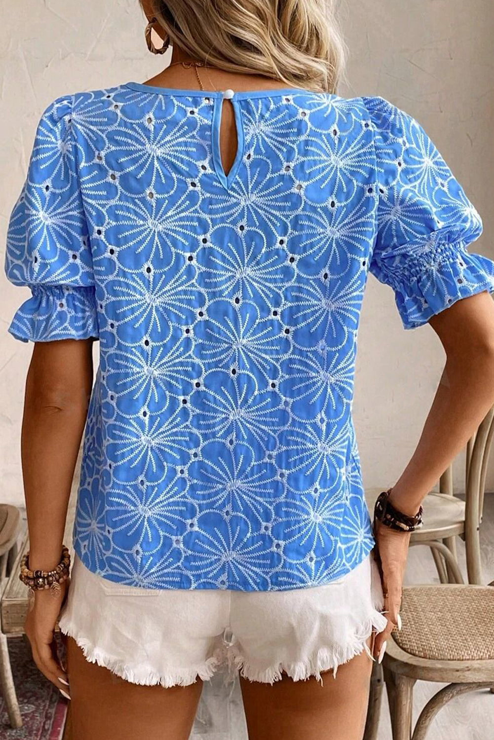 Sky Blue Eyelet Flower Embroidery Frilled Short Puff Sleeve Blouse-Tops/Blouses & Shirts-[Adult]-[Female]-2022 Online Blue Zone Planet