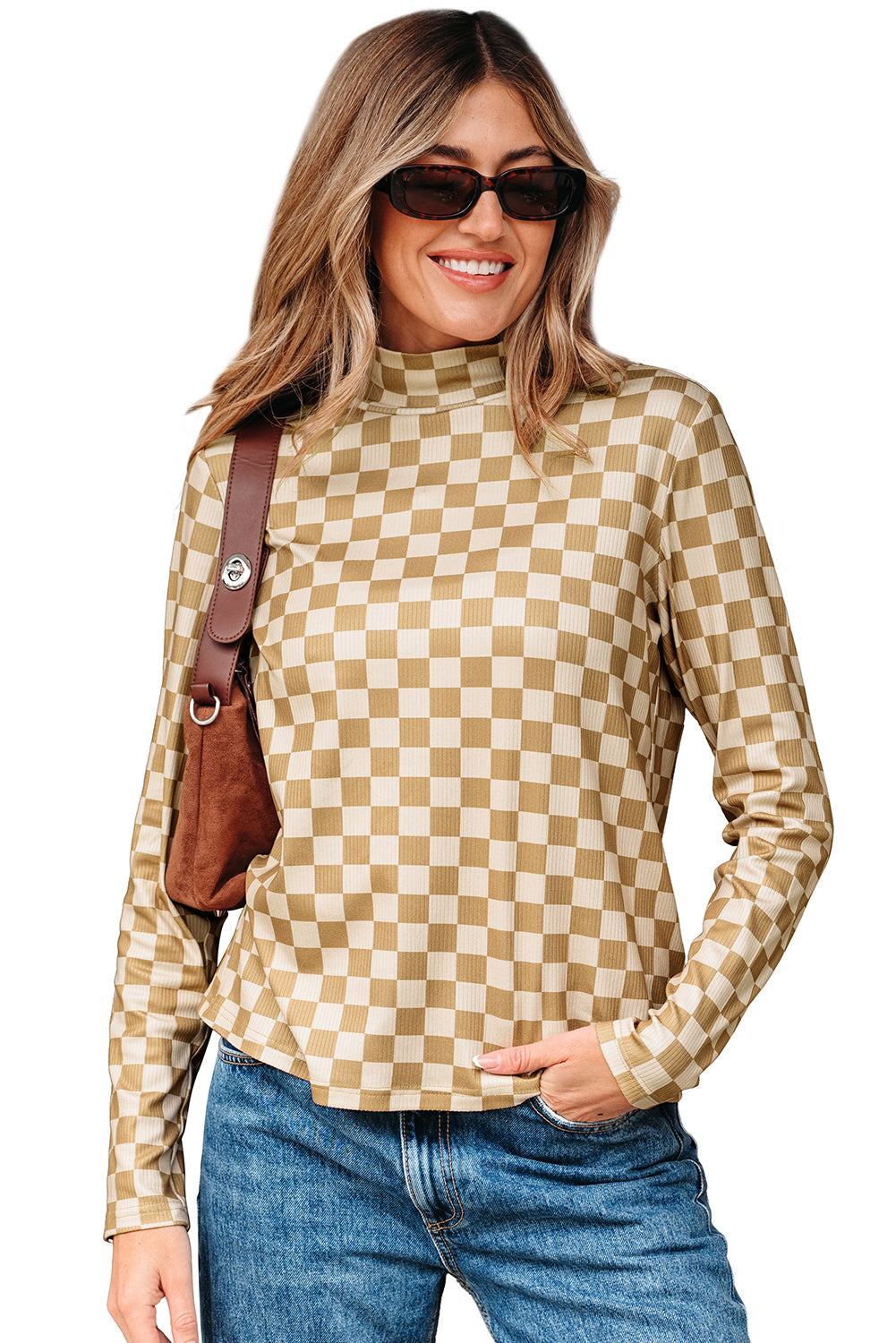 Khaki Check Pattern Turtleneck Ribbed Slim Long Sleeve Tee-Tops/Long Sleeve Tops-[Adult]-[Female]-2022 Online Blue Zone Planet