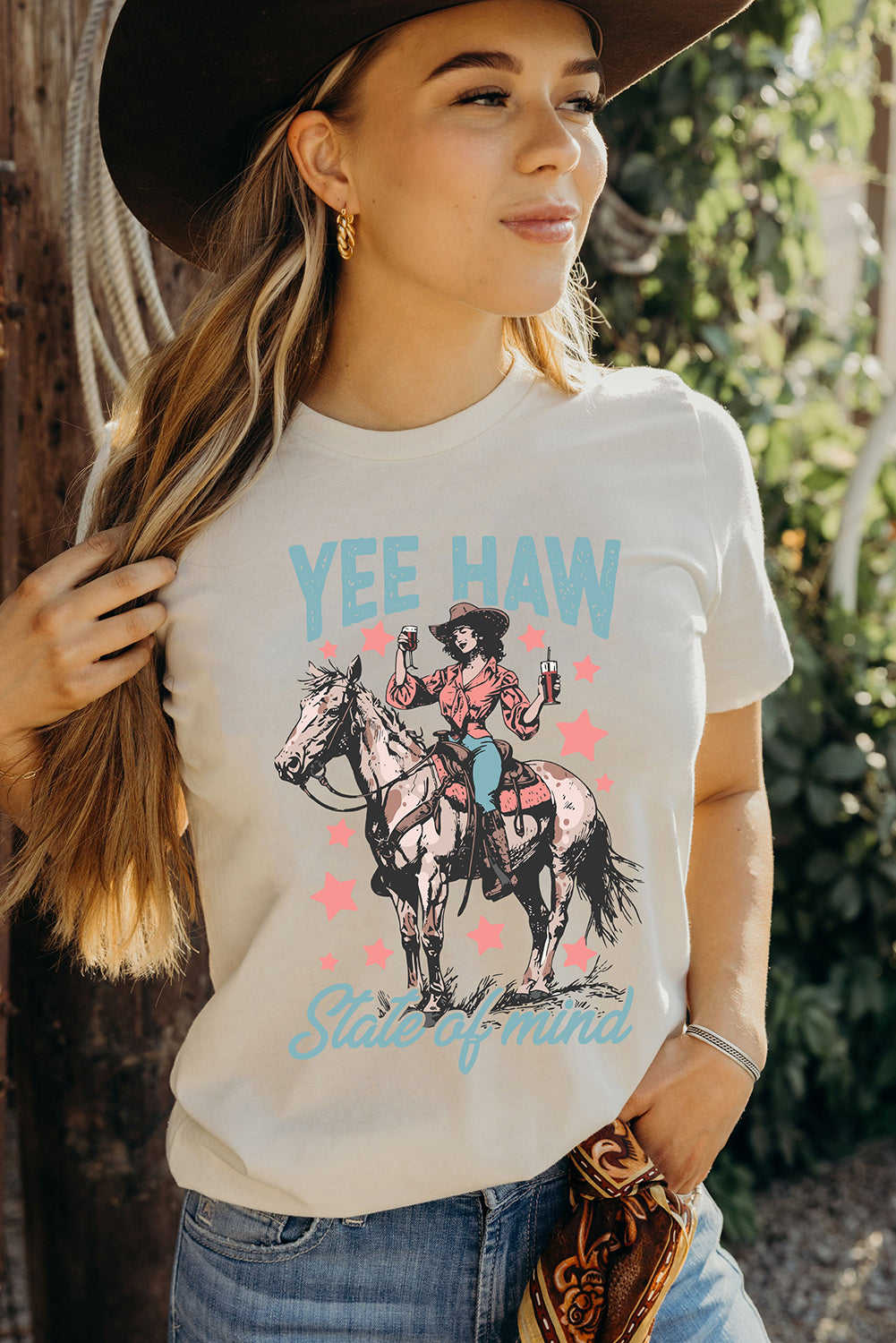 White YEE HAW State of mind Cowgirl Graphic Western Fashion Tee-Graphic/Graphic Tees-[Adult]-[Female]-2022 Online Blue Zone Planet