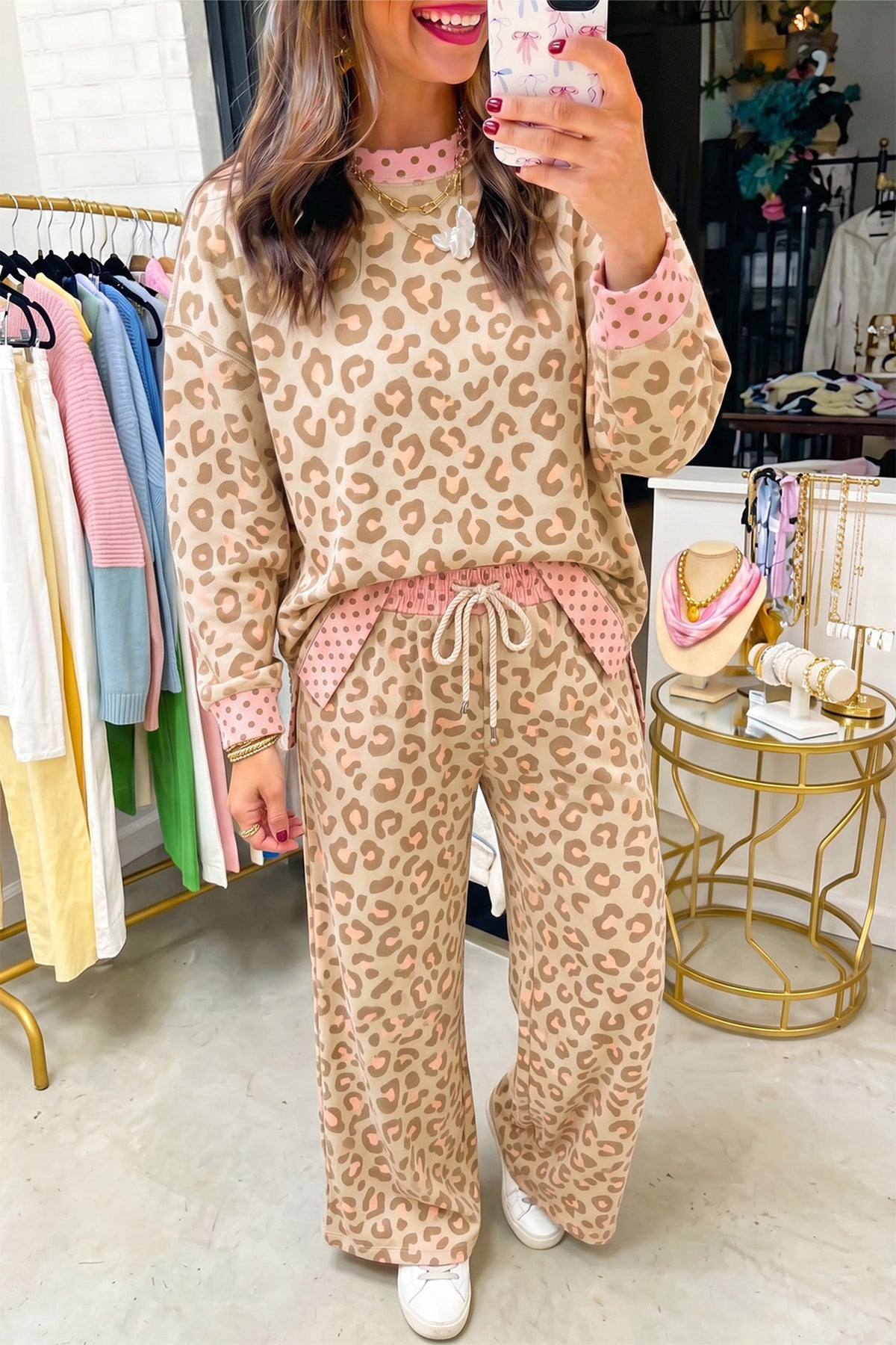 Brown Leopard Polka Dot Two Piece Pants Set-Two Piece Sets/Pant Sets-[Adult]-[Female]-Khaki-S-2022 Online Blue Zone Planet