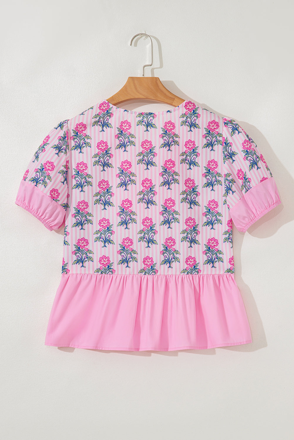 Rose Floral Striped Print Contrast Patchwork Ruffle Hem Blouse-Tops/Blouses & Shirts-[Adult]-[Female]-2022 Online Blue Zone Planet