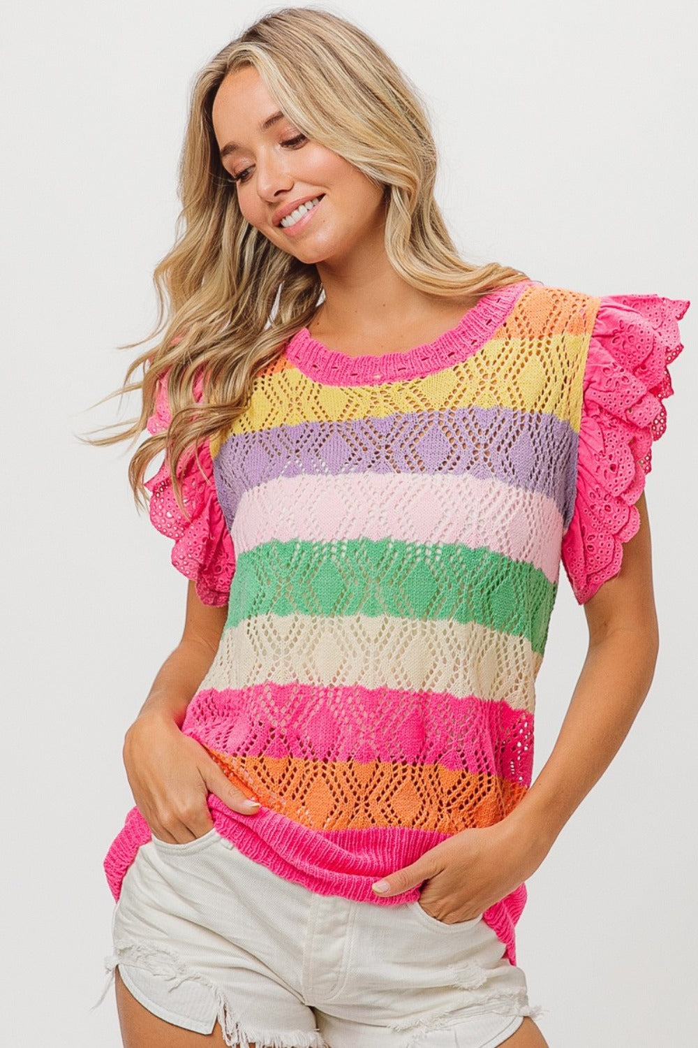 Blue Zone Planet | BiBi Pointelle Striped Ruffled Knit Top-TOPS / DRESSES-[Adult]-[Female]-Fuchsia Combo-S-2022 Online Blue Zone Planet