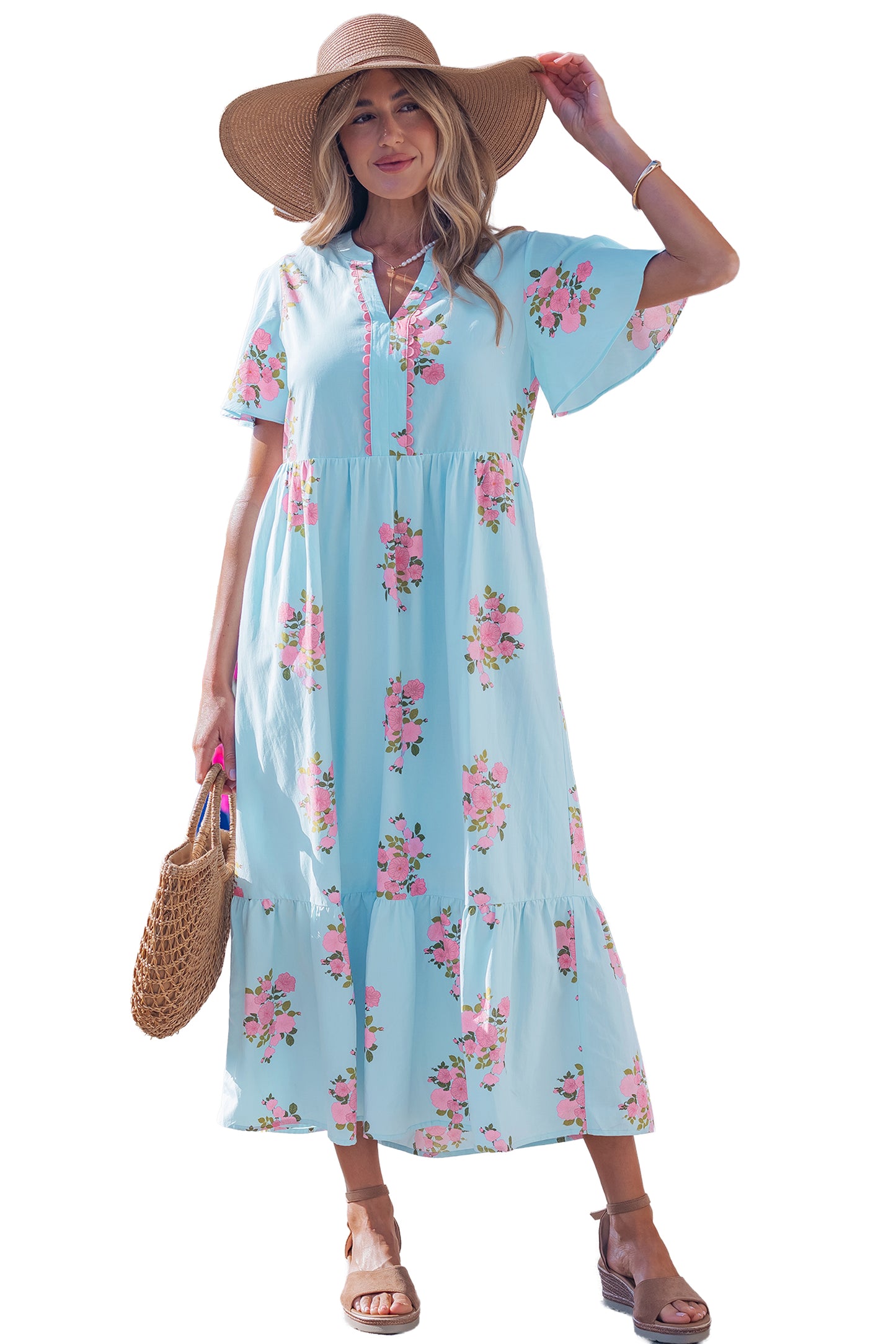 Sky Blue Notched Neck Flutter Short Sleeve Floral Print Maxi Dress-TOPS / DRESSES-[Adult]-[Female]-2022 Online Blue Zone Planet