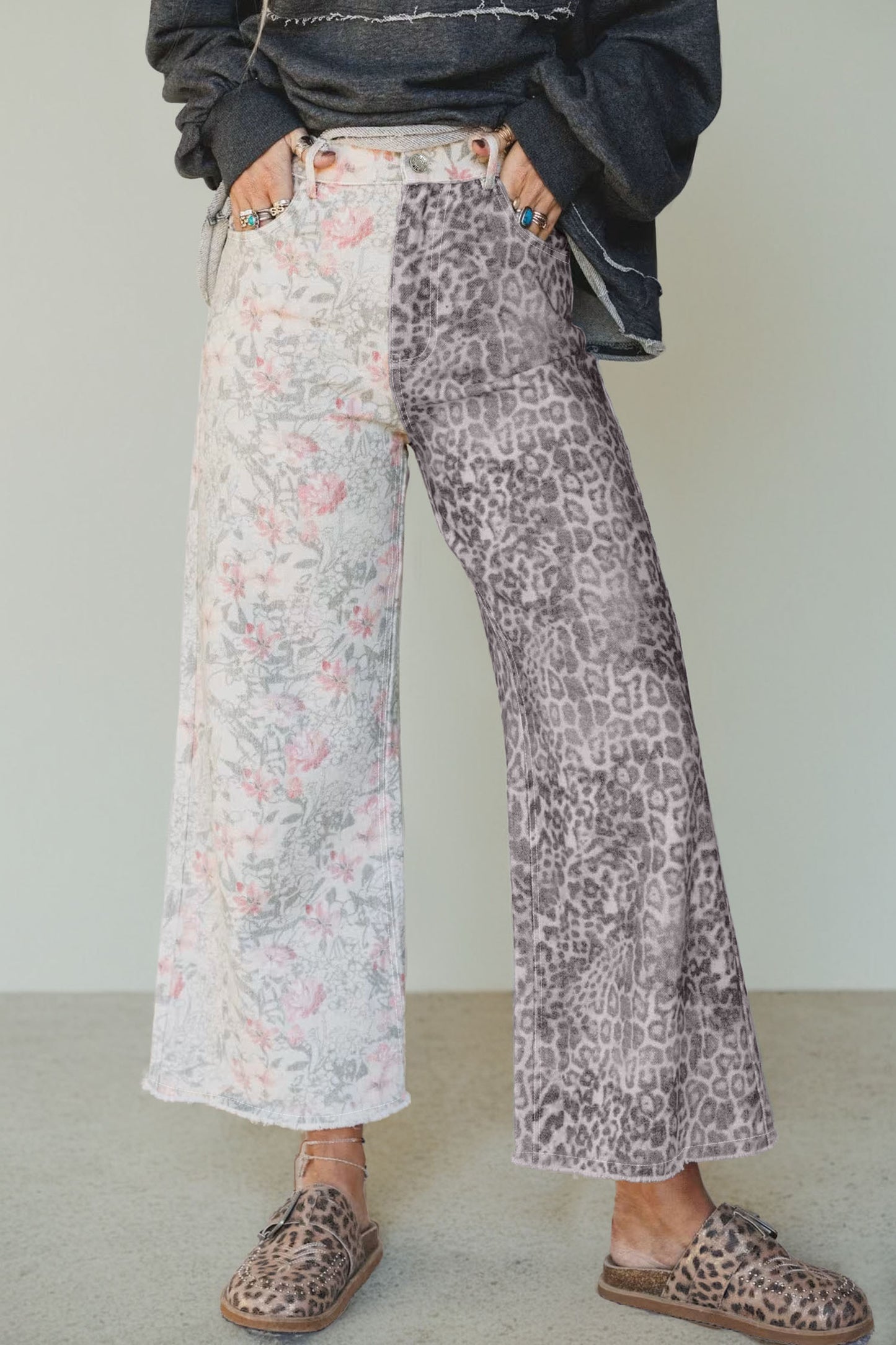 Multicolour Retro Floral Leopard Contrast Patchwork Raw Hem Jeans-Bottoms/Jeans-[Adult]-[Female]-Multicolour-4-2022 Online Blue Zone Planet