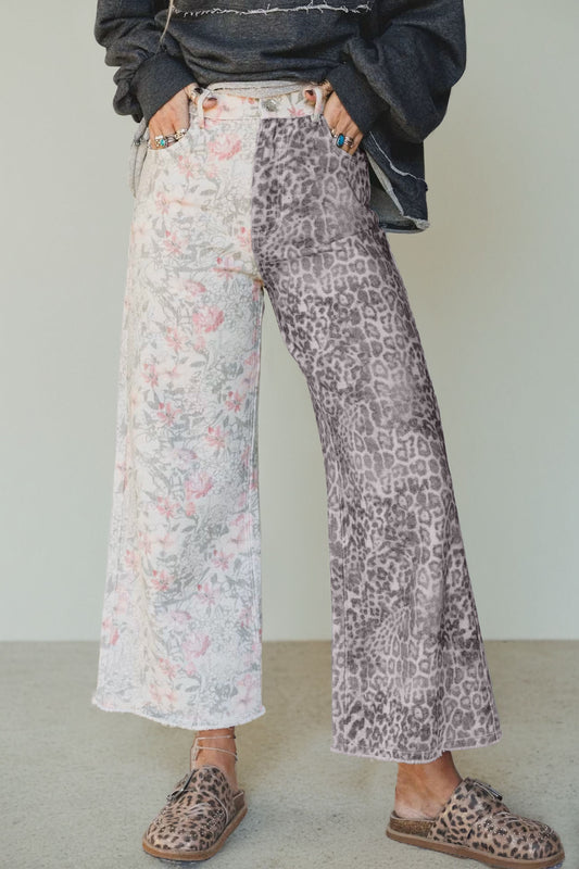 Multicolour Retro Floral Leopard Contrast Patchwork Raw Hem Jeans-Bottoms/Jeans-[Adult]-[Female]-Multicolour-4-2022 Online Blue Zone Planet