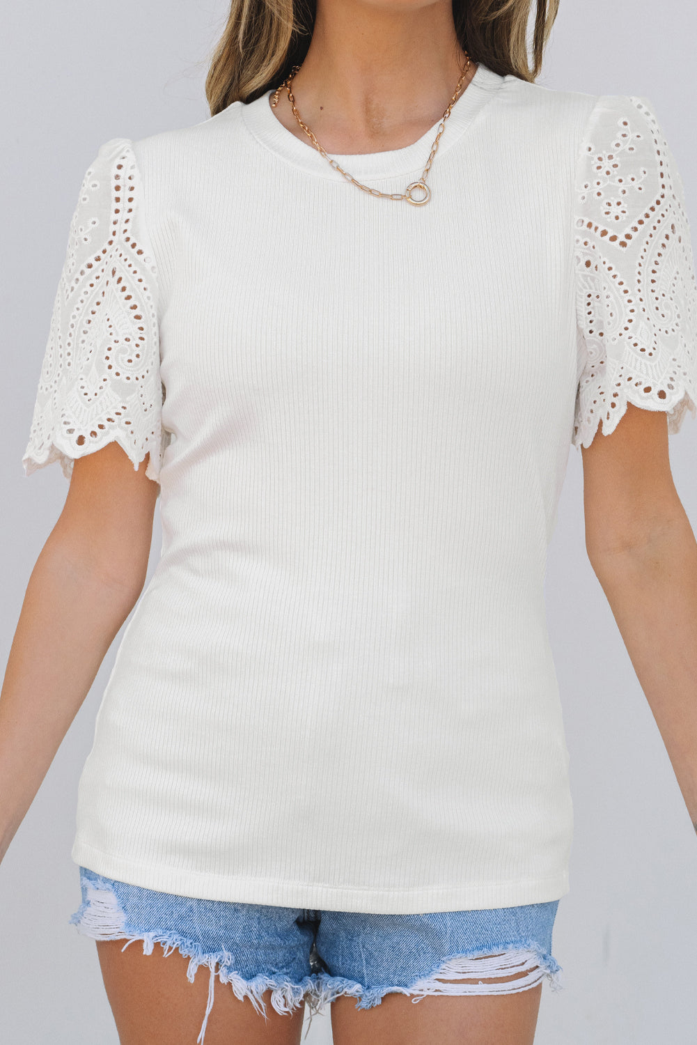 White Eyelet Pattern Short Sleeve Patchwork Ribbed Top-Tops/Tops & Tees-[Adult]-[Female]-2022 Online Blue Zone Planet