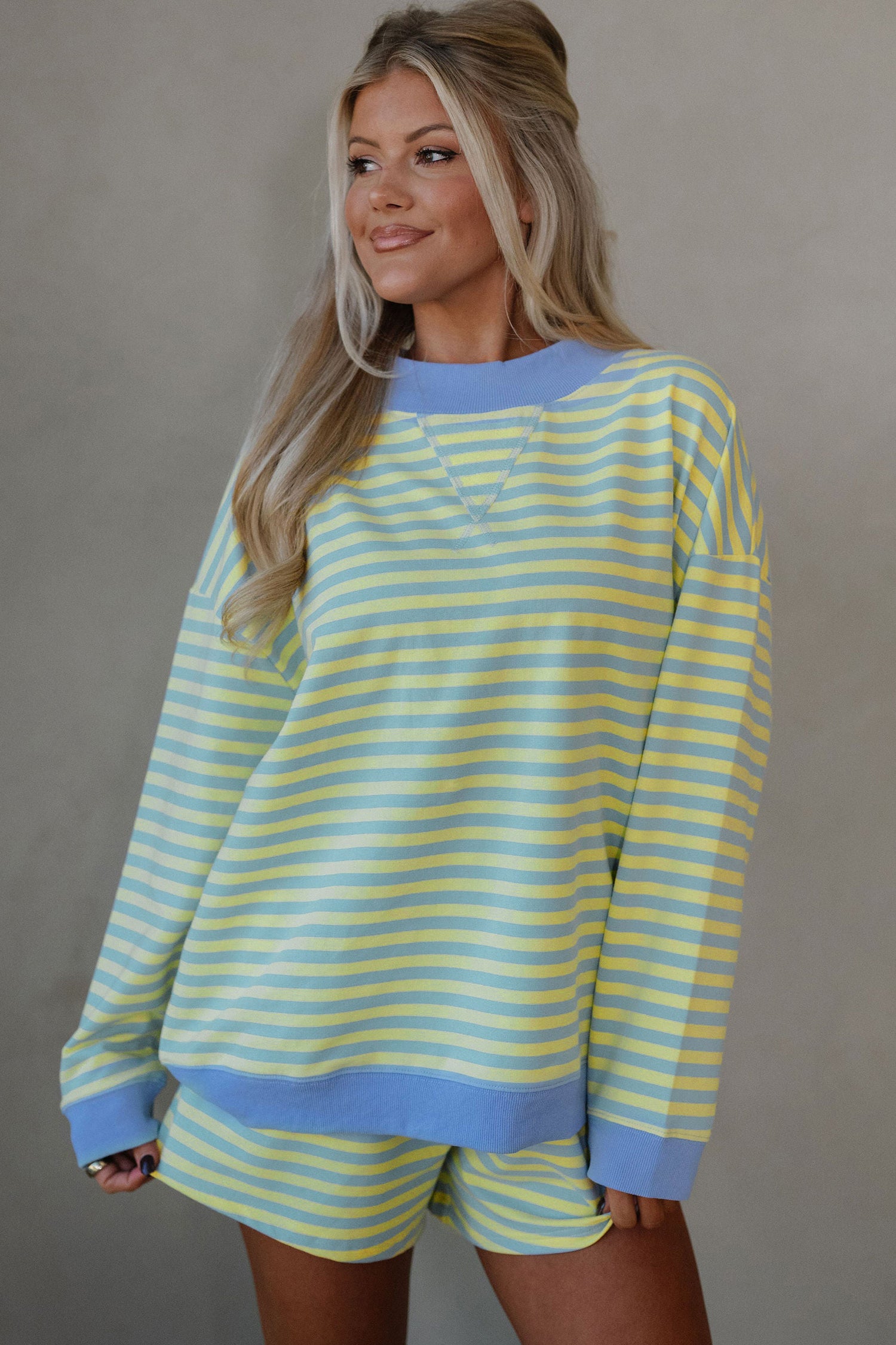 Yellow Stripe Color Block Detail Long Sleeve Pullover Elastic Waist Pull On Shorts 2pcs Set-Two Piece Sets/Short Sets-[Adult]-[Female]-2022 Online Blue Zone Planet