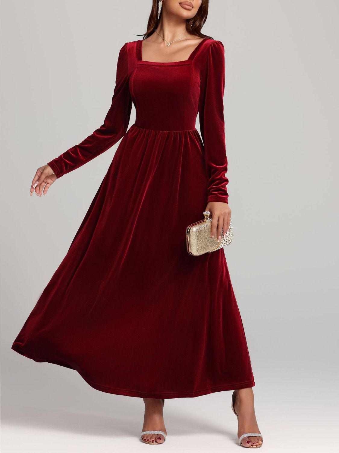 Blue Zone Planet | Velvet Square Neck Long Sleeve Dress-TOPS / DRESSES-[Adult]-[Female]-Deep Red-S-2022 Online Blue Zone Planet