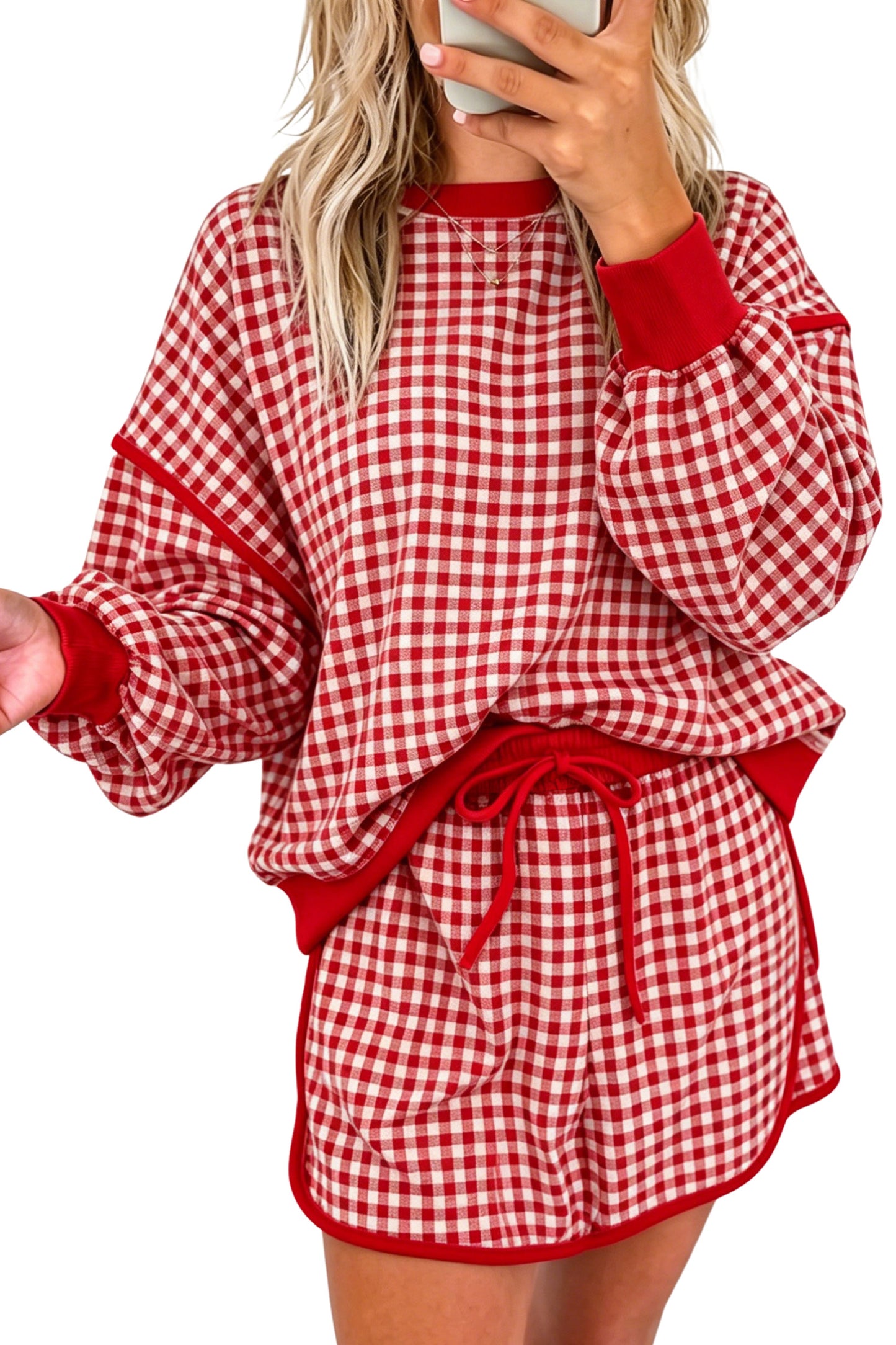 Red Gingham Oversized Ribbed Trim Crew Neck Long Sleeve Top and Skort Set