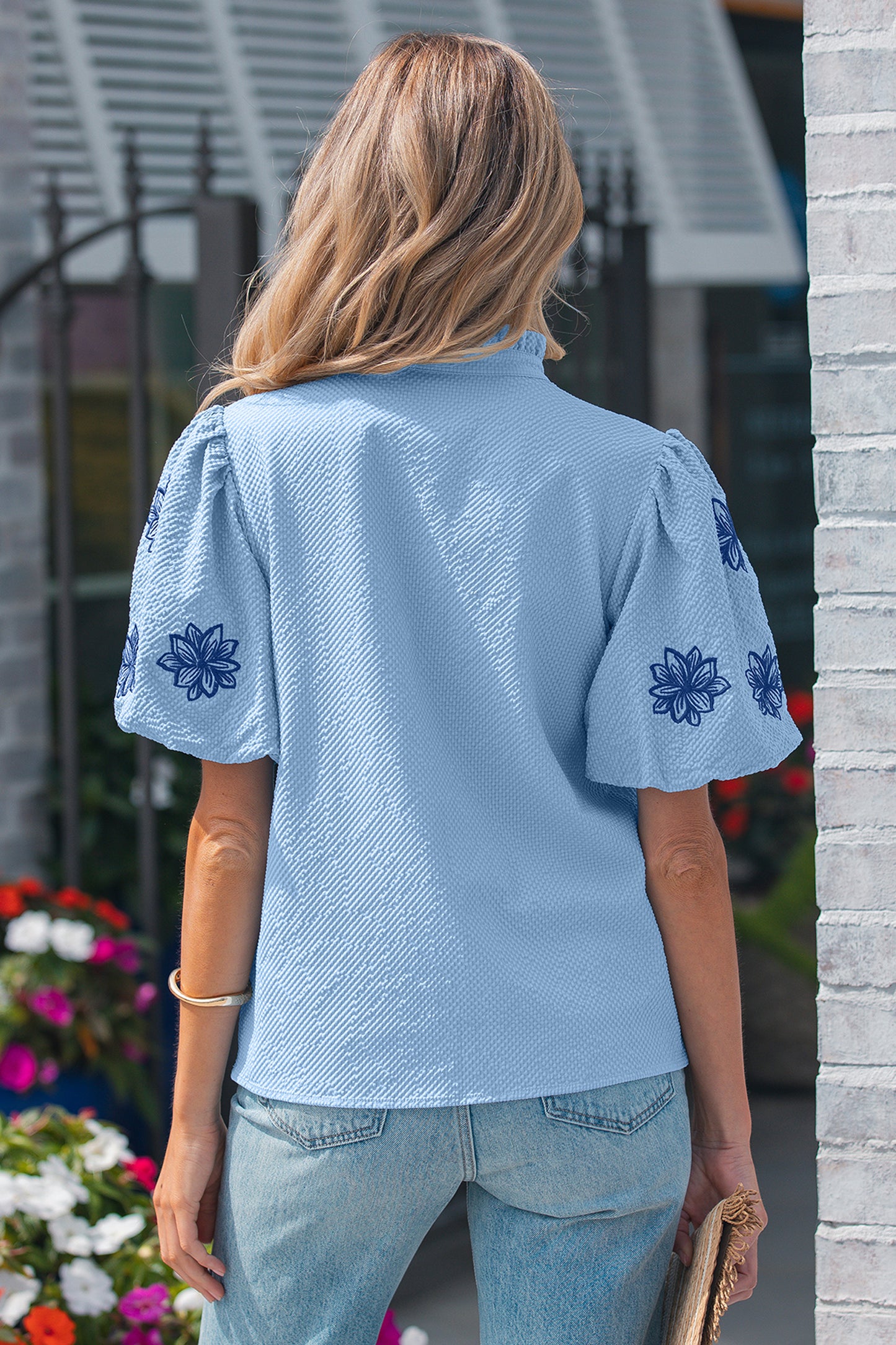 Beau Blue Flower Embroidered Puff Sleeve Split Neck Textured Blouse-Tops/Blouses & Shirts-[Adult]-[Female]-2022 Online Blue Zone Planet