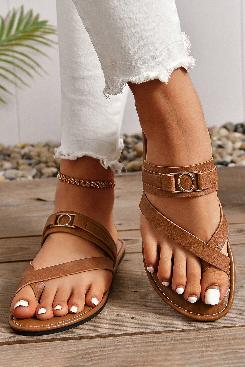 Chestnut Cross Toe Metal Buckle Leathered Flat Slippers-Shoes & Bags/Slippers-[Adult]-[Female]-2022 Online Blue Zone Planet
