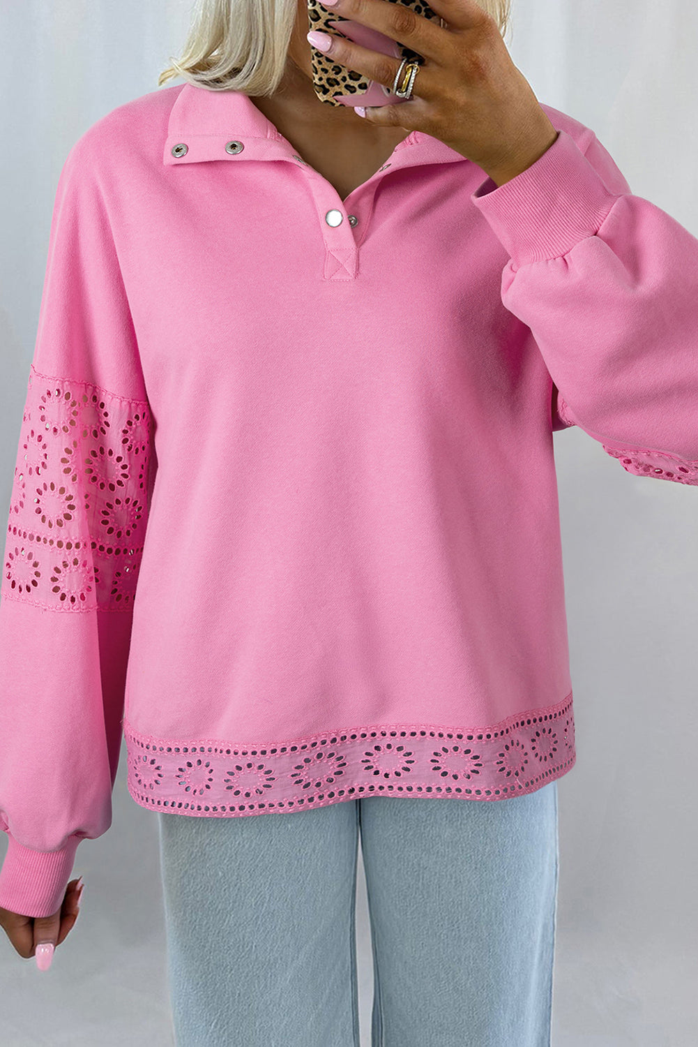 Bonbon Embroidered Flower Patchwork Snap Buttons Pullover Sweatshirt-Tops/Sweatshirts & Hoodies-[Adult]-[Female]-Bonbon-S-2022 Online Blue Zone Planet