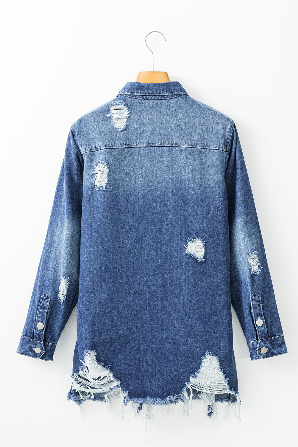 Blue Zone Planet | Sky Blue Light Wash Distressed Frayed Long Denim Jacket-Outerwear/Denim jackets-[Adult]-[Female]-2022 Online Blue Zone Planet