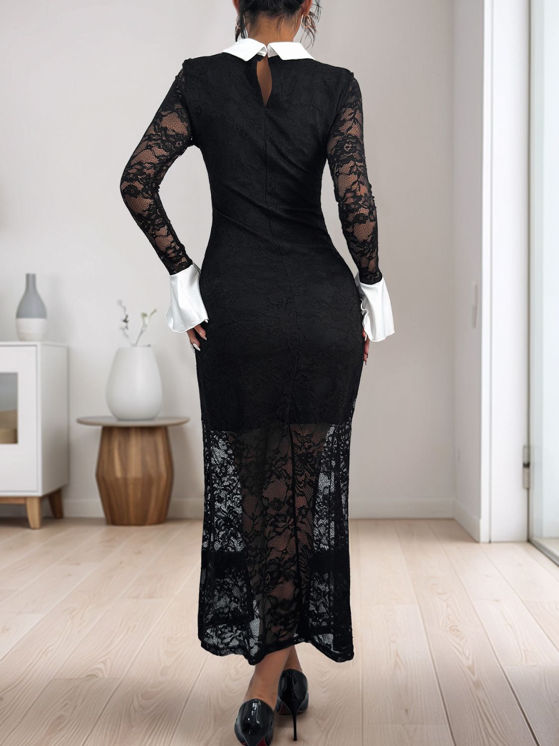 Blue Zone Planet | Perfee Lace Contrast Collared Neck Long Sleeve Blue Zone Planet | Perfee Lace Contrast Collared Neck Long Sleeve