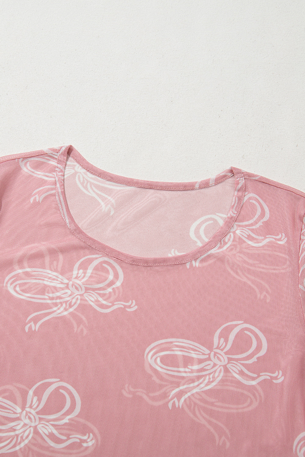 Pink Round Neck Bow Print Long Sleeve Mesh Top-Tops/Long Sleeve Tops-[Adult]-[Female]-2022 Online Blue Zone Planet