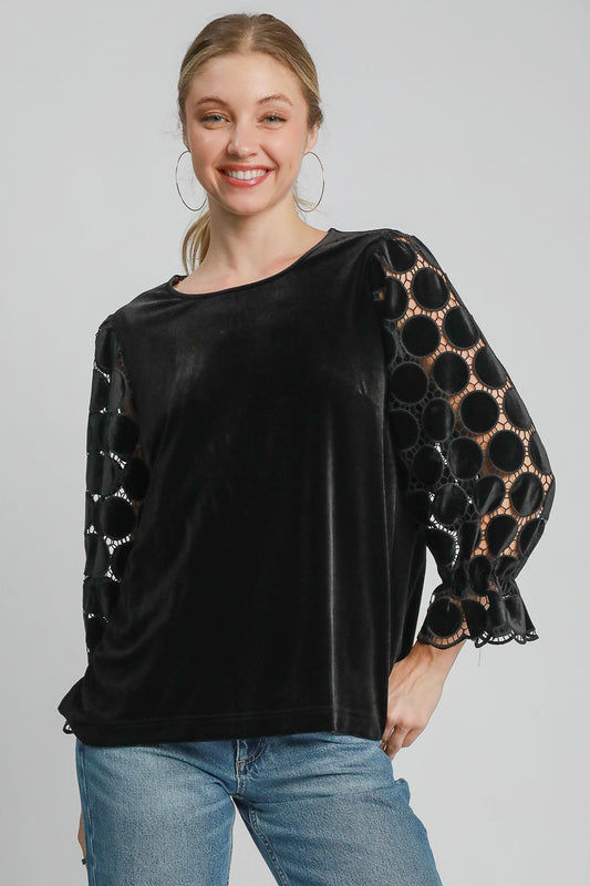 Umgee Polka Dot Lace Long Sleeve Round Neck Blouse-TOPS / DRESSES-[Adult]-[Female]-Black-S-2022 Online Blue Zone Planet