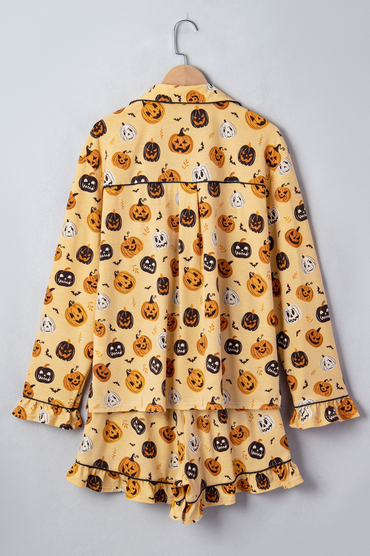 Orange Long Sleeve Ruffle Pumpkin Face Print Two Piece Lounge Set-Loungewear & Sleepwear/Loungewear-[Adult]-[Female]-2022 Online Blue Zone Planet