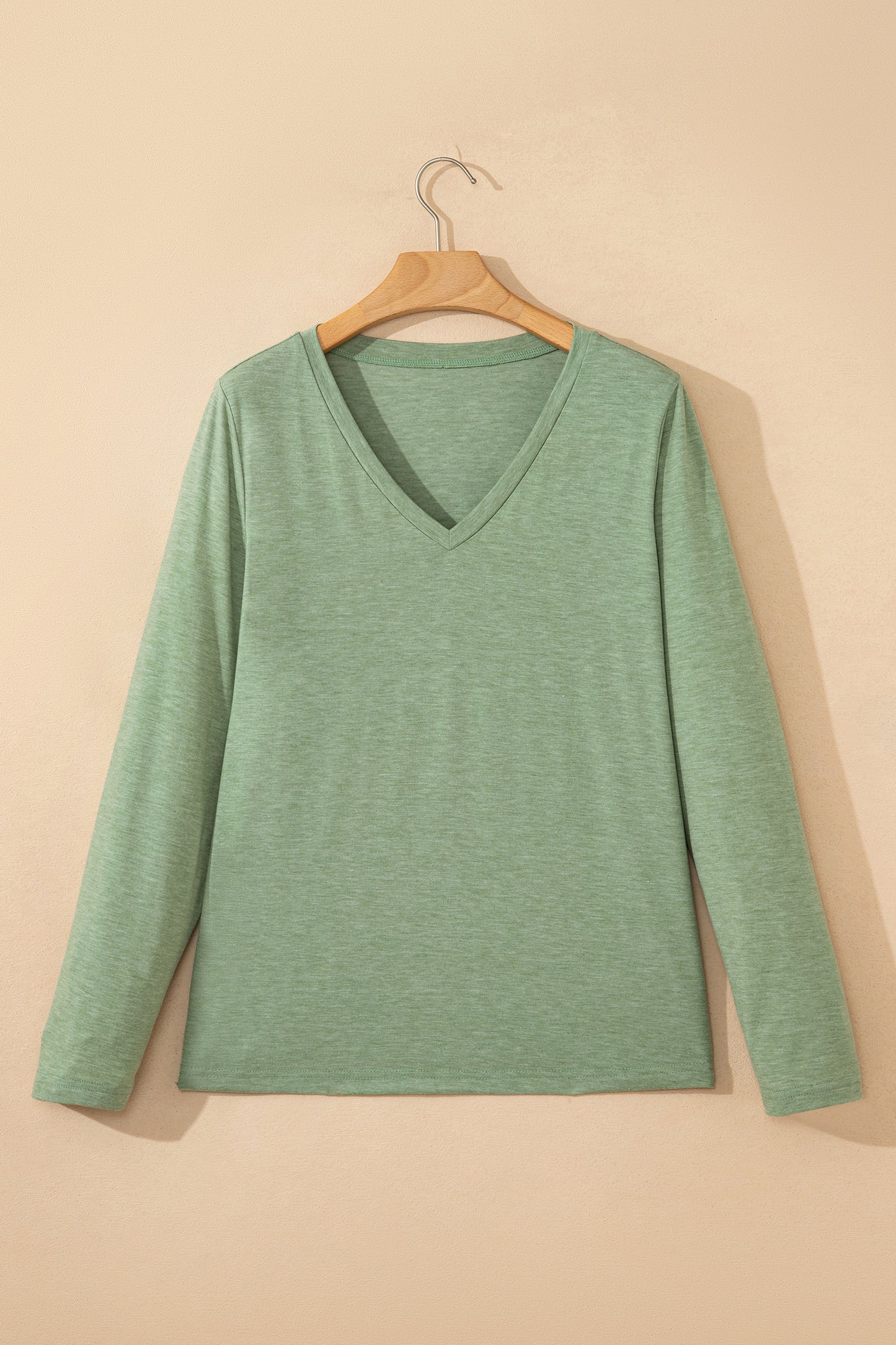 Grass Green Solid Color V Neck Long Sleeve Stretchy Top-Tops/Long Sleeve Tops-[Adult]-[Female]-2022 Online Blue Zone Planet