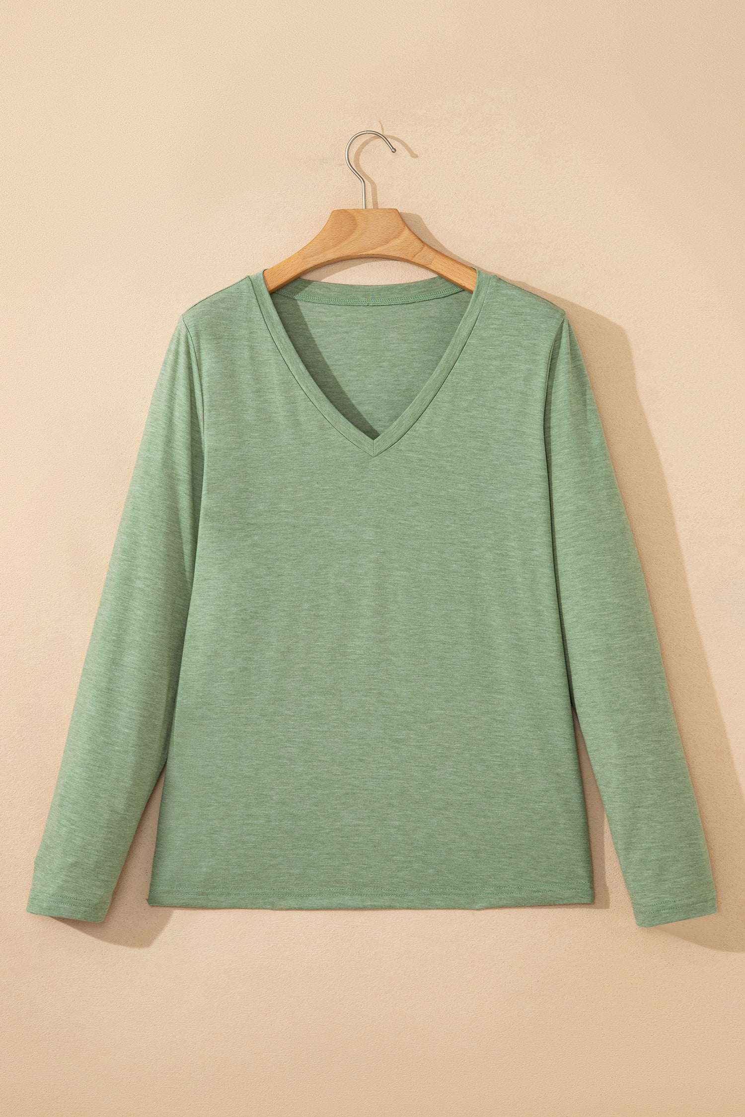 Grass Green Solid Color V Neck Long Sleeve Stretchy Top-Tops/Long Sleeve Tops-[Adult]-[Female]-2022 Online Blue Zone Planet