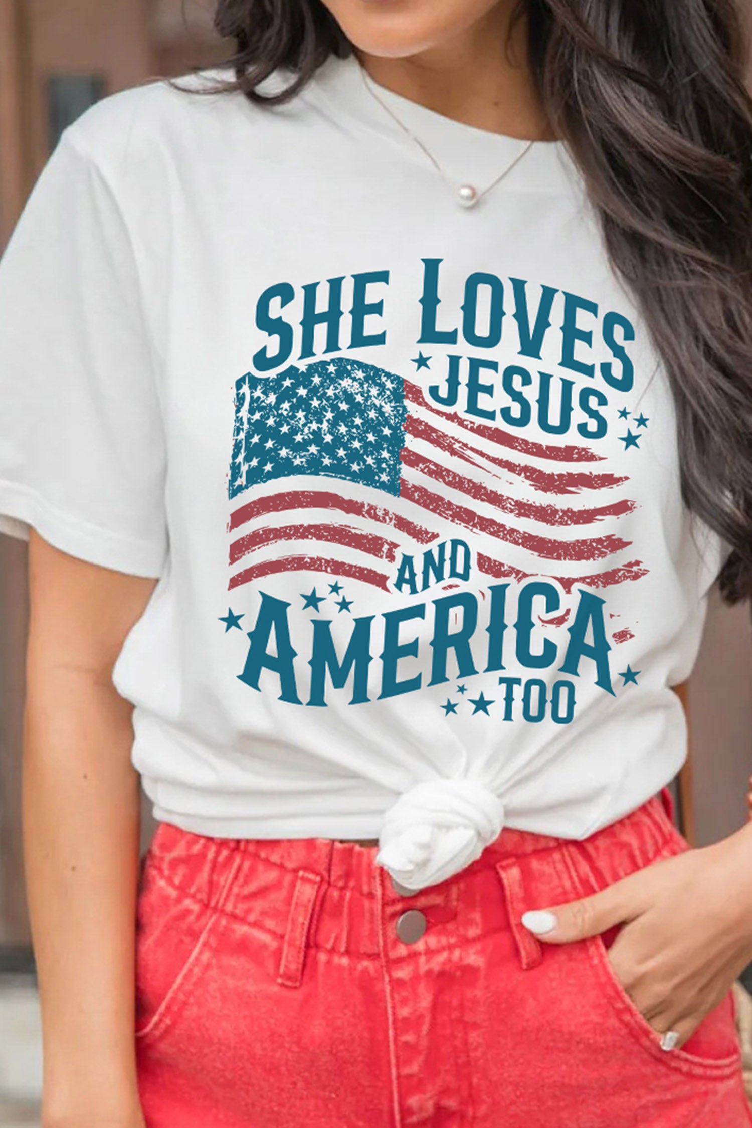 White She Loves Jesus And America Flag Graphic Tee-Graphic/Graphic Tees-[Adult]-[Female]-2022 Online Blue Zone Planet