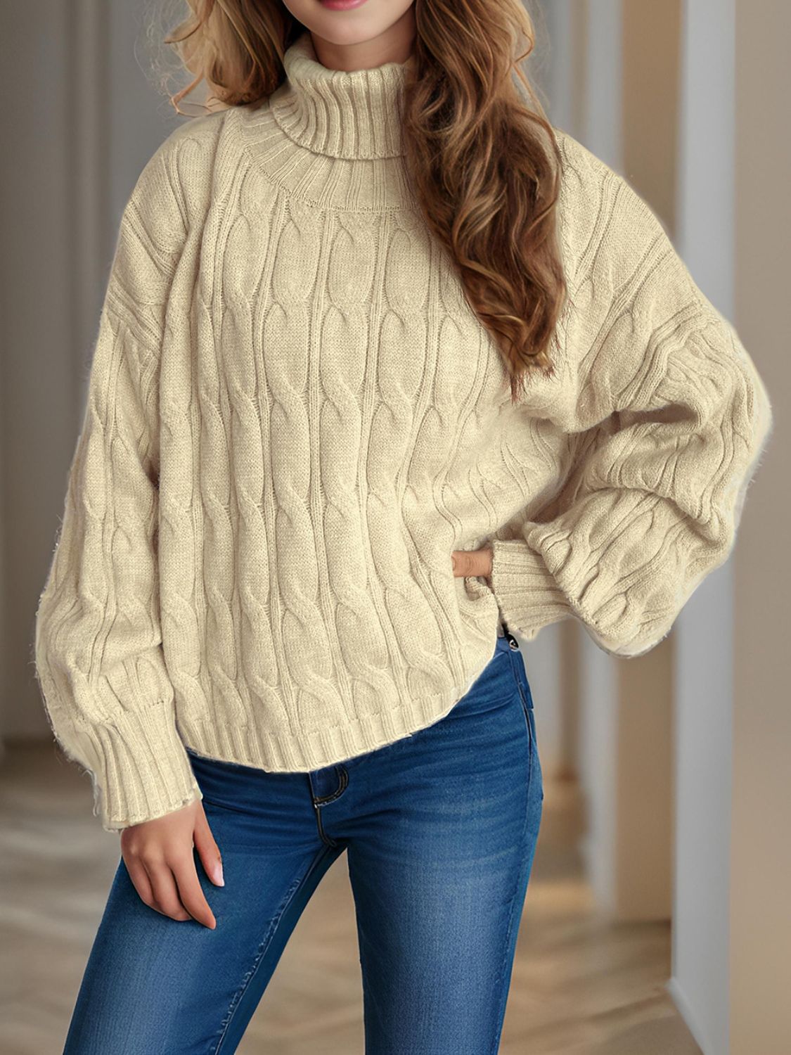 Cable-Knit Turtleneck Long Sleeve Sweater-TOPS / DRESSES-[Adult]-[Female]-2022 Online Blue Zone Planet