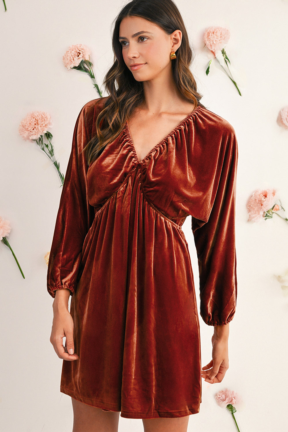 Clay Elastic V Neck Puff Sleeve Flowy Velvet Dress