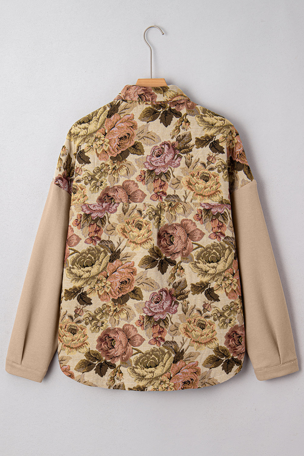 Khaki Floral Waffle Knit Patchwork Chest Pockets Buttoned Jacket-Outerwear/Jackets-[Adult]-[Female]-2022 Online Blue Zone Planet