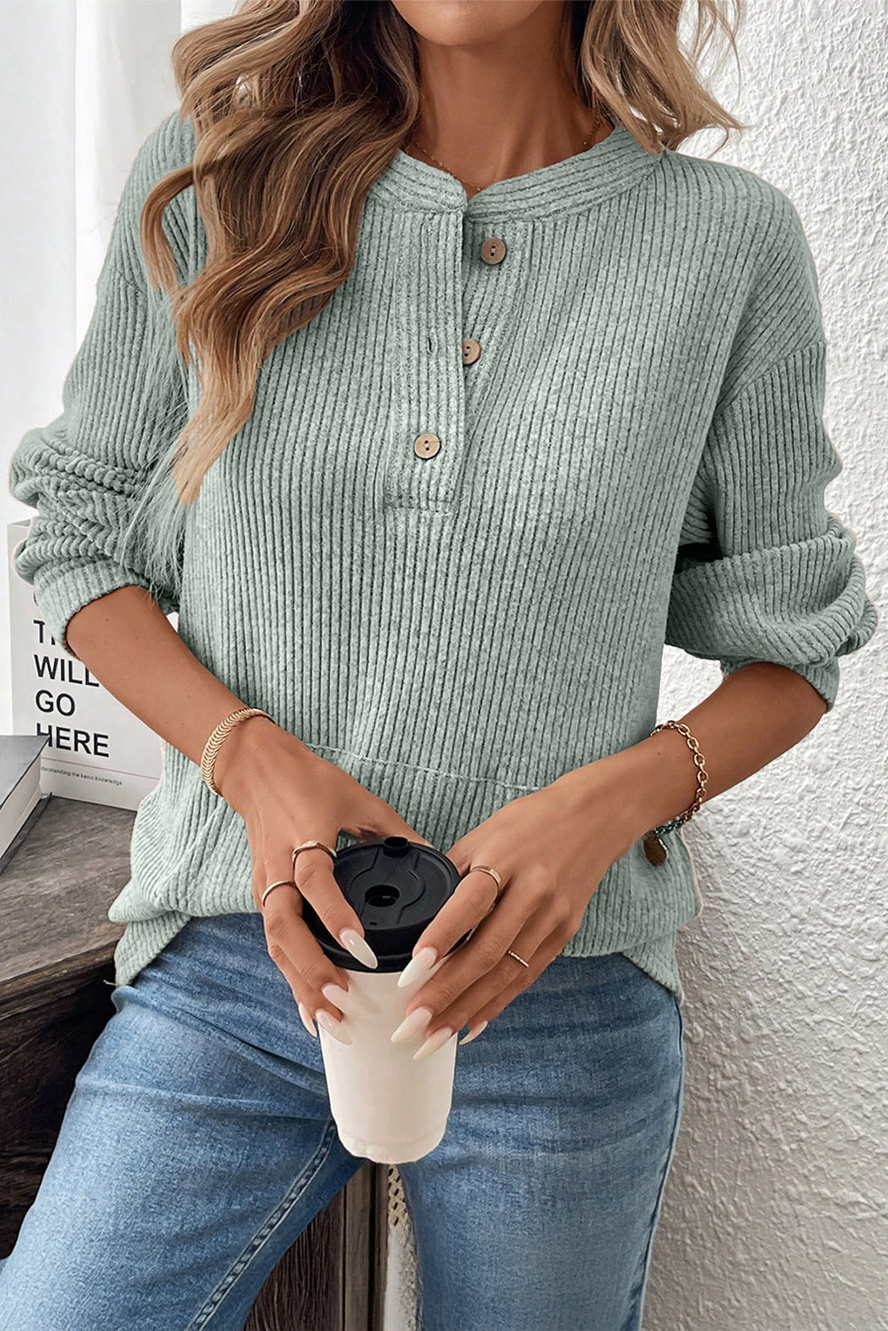 Clearly Aqua Ribbed Texture Drop Shoulder Henley Knit Top-Tops/Long Sleeve Tops-[Adult]-[Female]-Clearly Aqua-S-2022 Online Blue Zone Planet