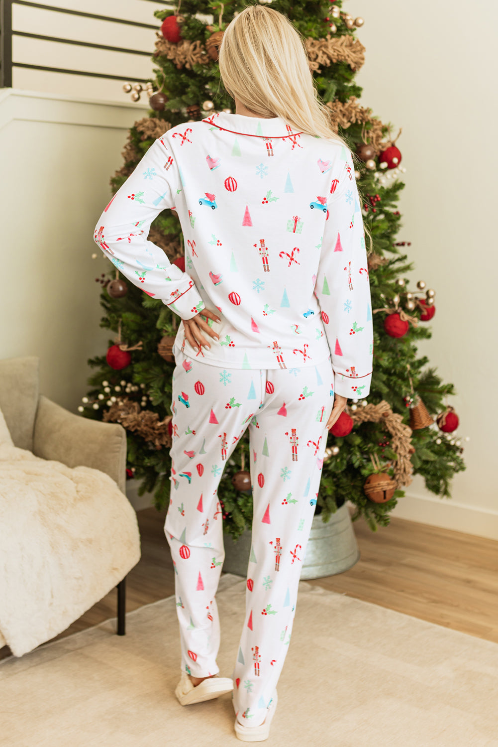 Blue Zone Planet | White Christmas Print Lapel Shirt and Pants Sleepwear-TOPS / DRESSES-[Adult]-[Female]-2022 Online Blue Zone Planet