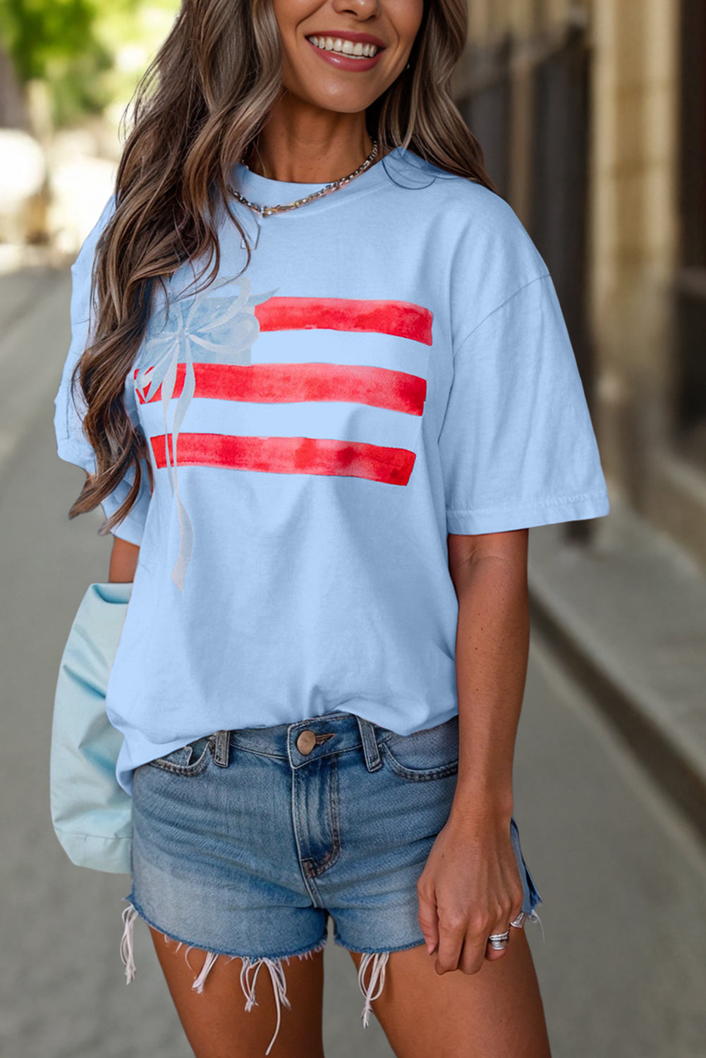 Myosotis Flag Bow Graphic Crewneck Tee-Tops/Tops & Tees-[Adult]-[Female]-2022 Online Blue Zone Planet